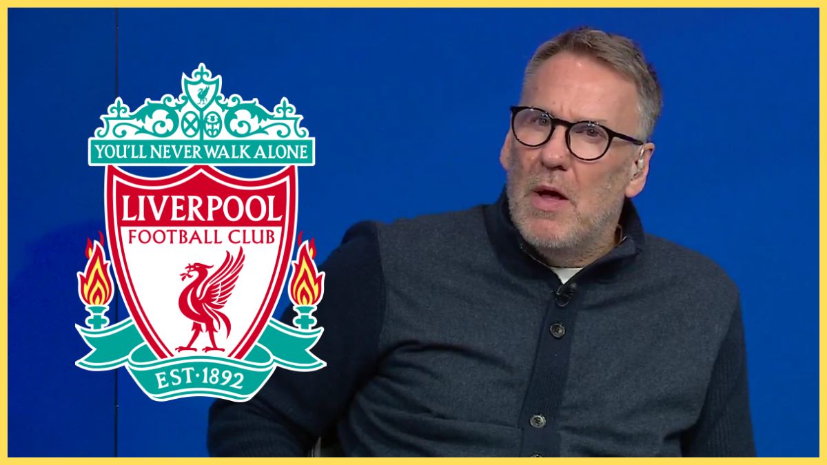 Paul Merson looks open-mouthed at Liverpool club crest.
