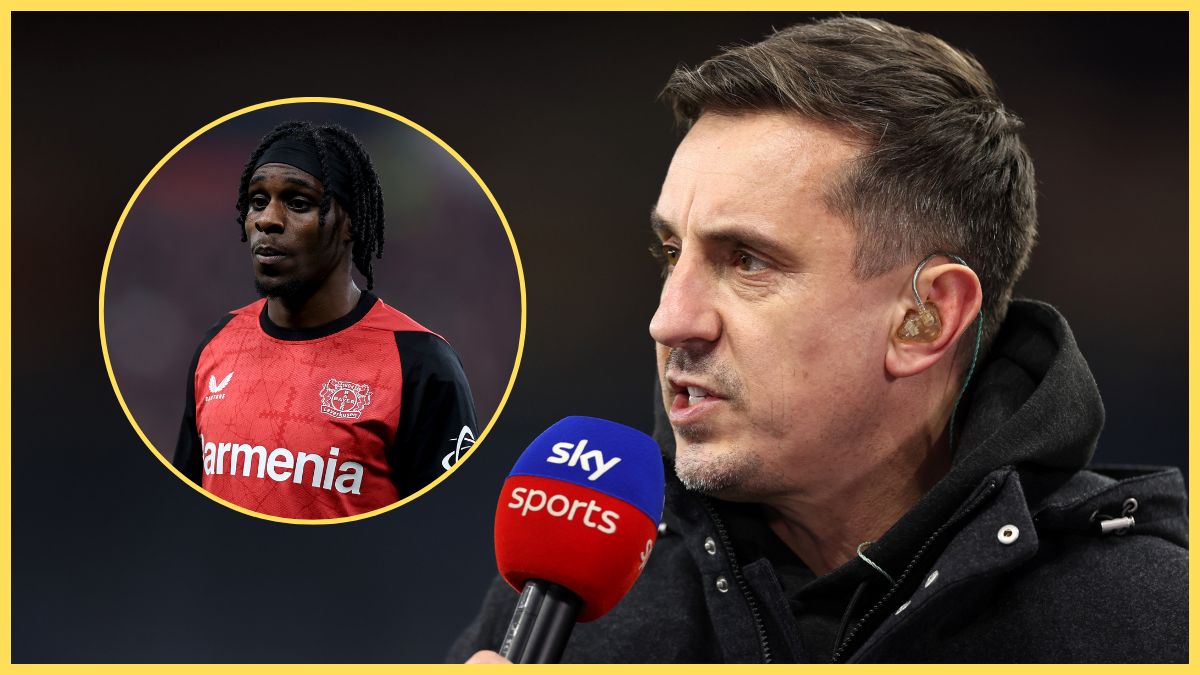 Gary Neville speaks into Sky Sports microphone next to Jeremie Frimpong
