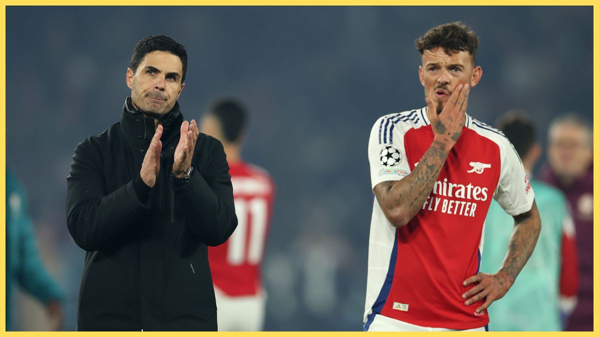Mikel Arteta claps his hands next to a shell-shocked Ben White.