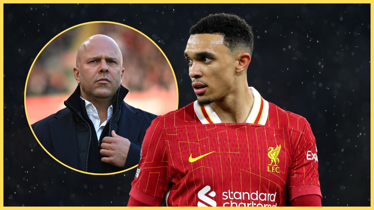 Arne Slot looks grumpy as Trent Alexander-Arnold looks at him.