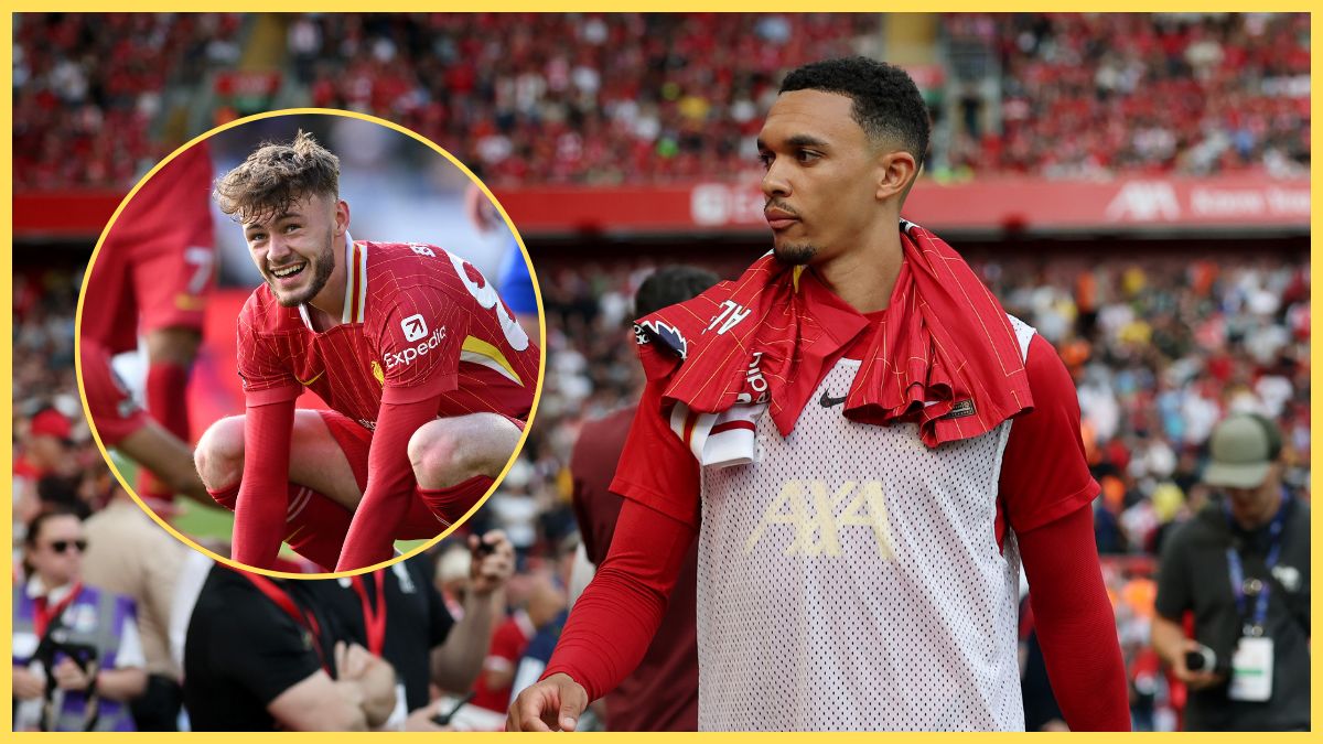 Trent Alexander-Arnold looks at Conor Bradley crouched on the ground.
