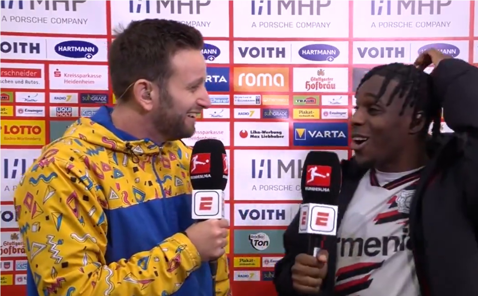 Bundesliga reporter Archie Rhind-Tutt shared a brilliant compilation of interview clips with Jeremie Frimpong