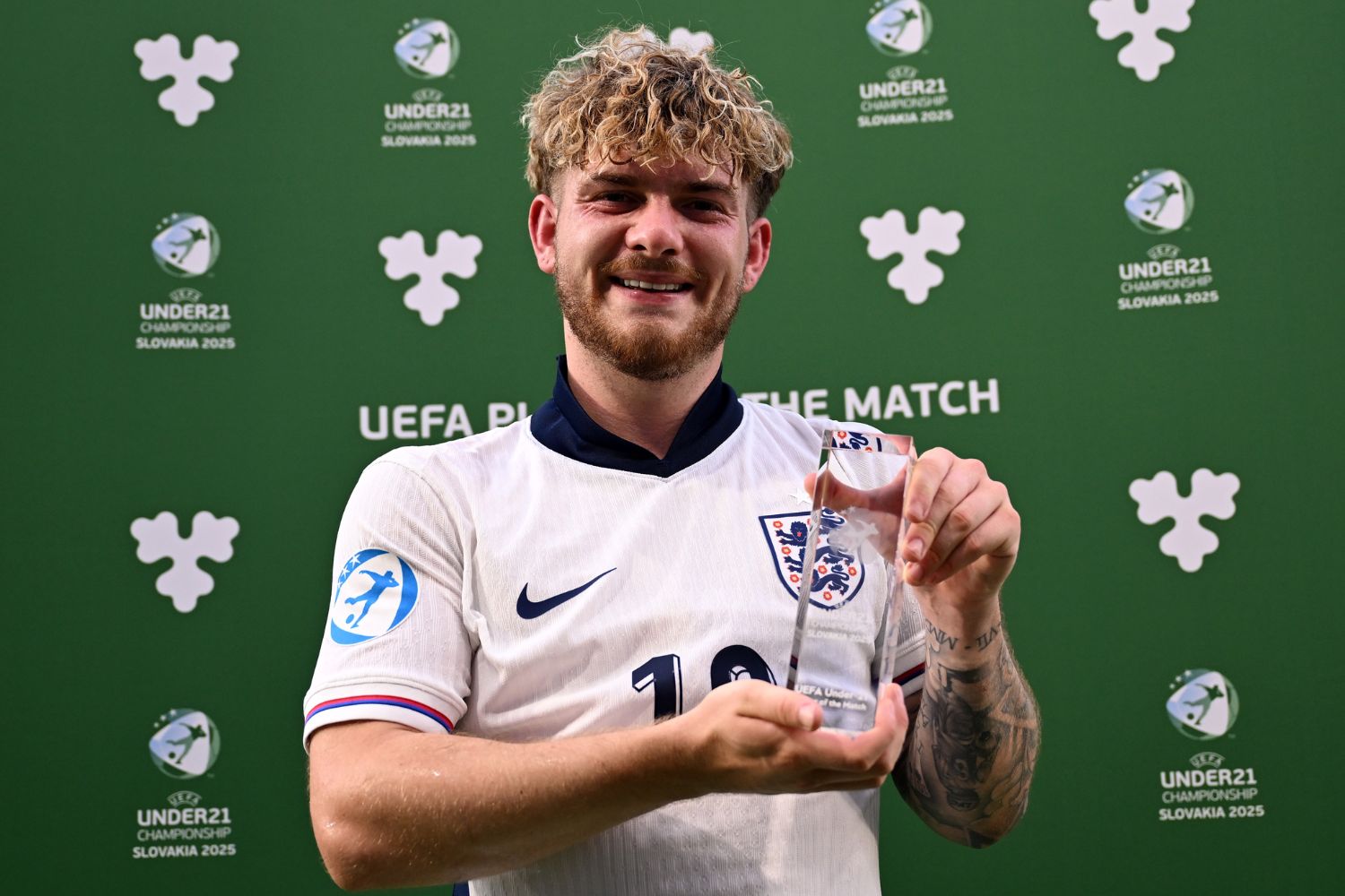 Harvey Elliott poses as Player of the Match for England U21