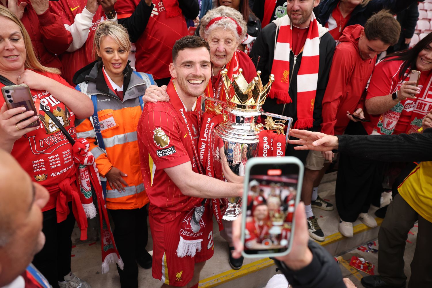 Andy Robertson poses with the Premier League trophy