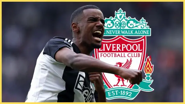 Alexander Isak screams and punches the air in front of him next to Liverpool club crest.