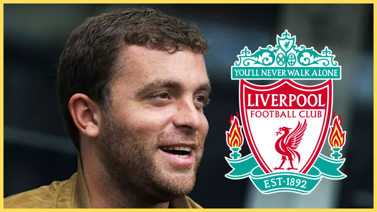 Fabrizio Romano smiles next to Liverpool club crest.