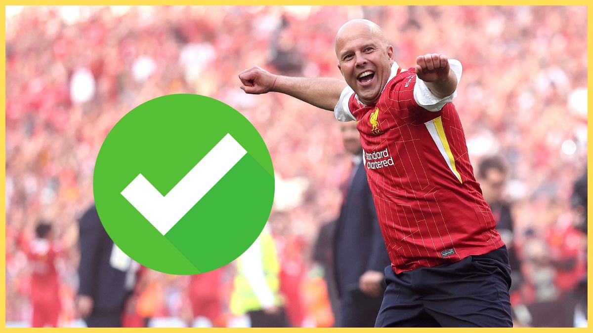 Arne Slot raises his arms in celebration at Anfield next to a green tick mark.