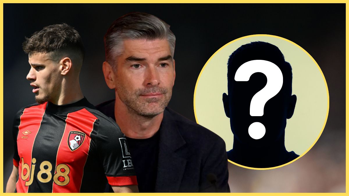 Milos Kerkez and Liverpool sporting director Richard Hughes look on next to a silhouette.