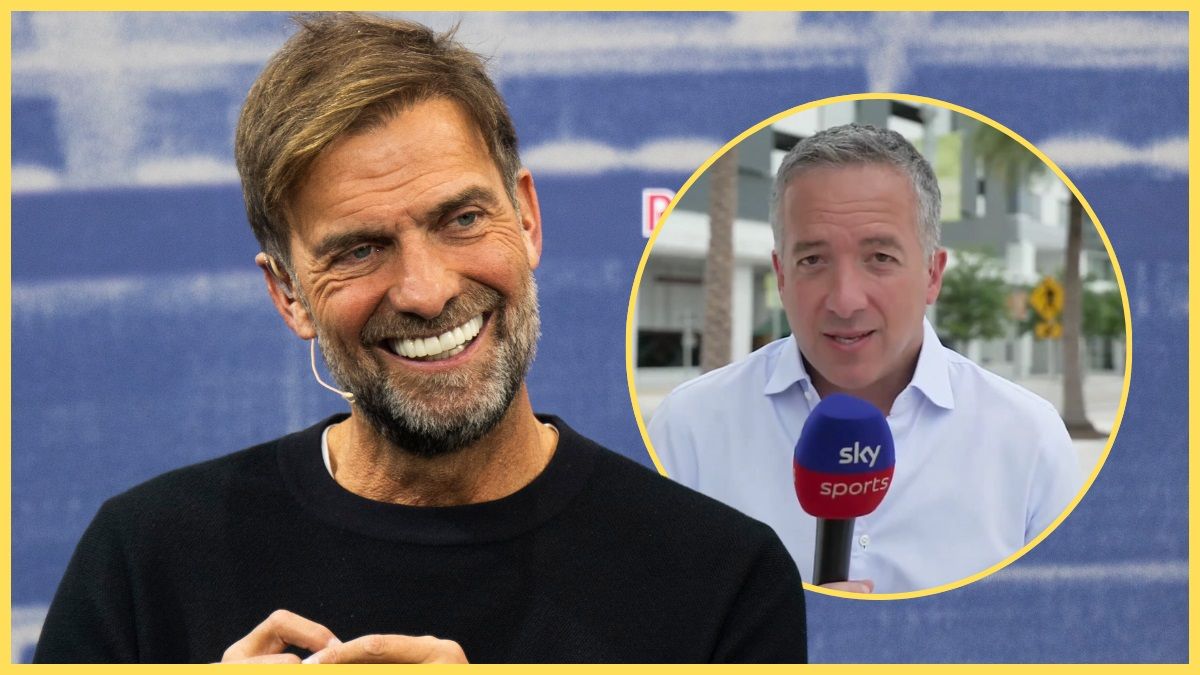 Jurgen Klopp smiles next to a picture of Sky Sports' Kaveh Solhekol.