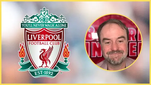 Christian Falk smiles next to Liverpool club crest.