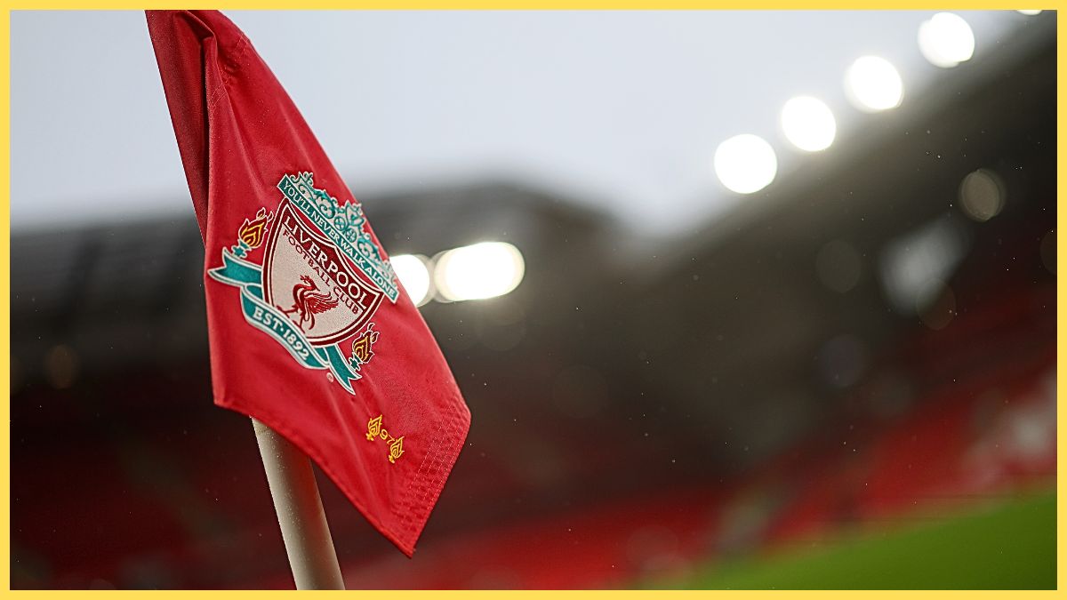 Liverpool corner flag waves in the wind at Anfield.