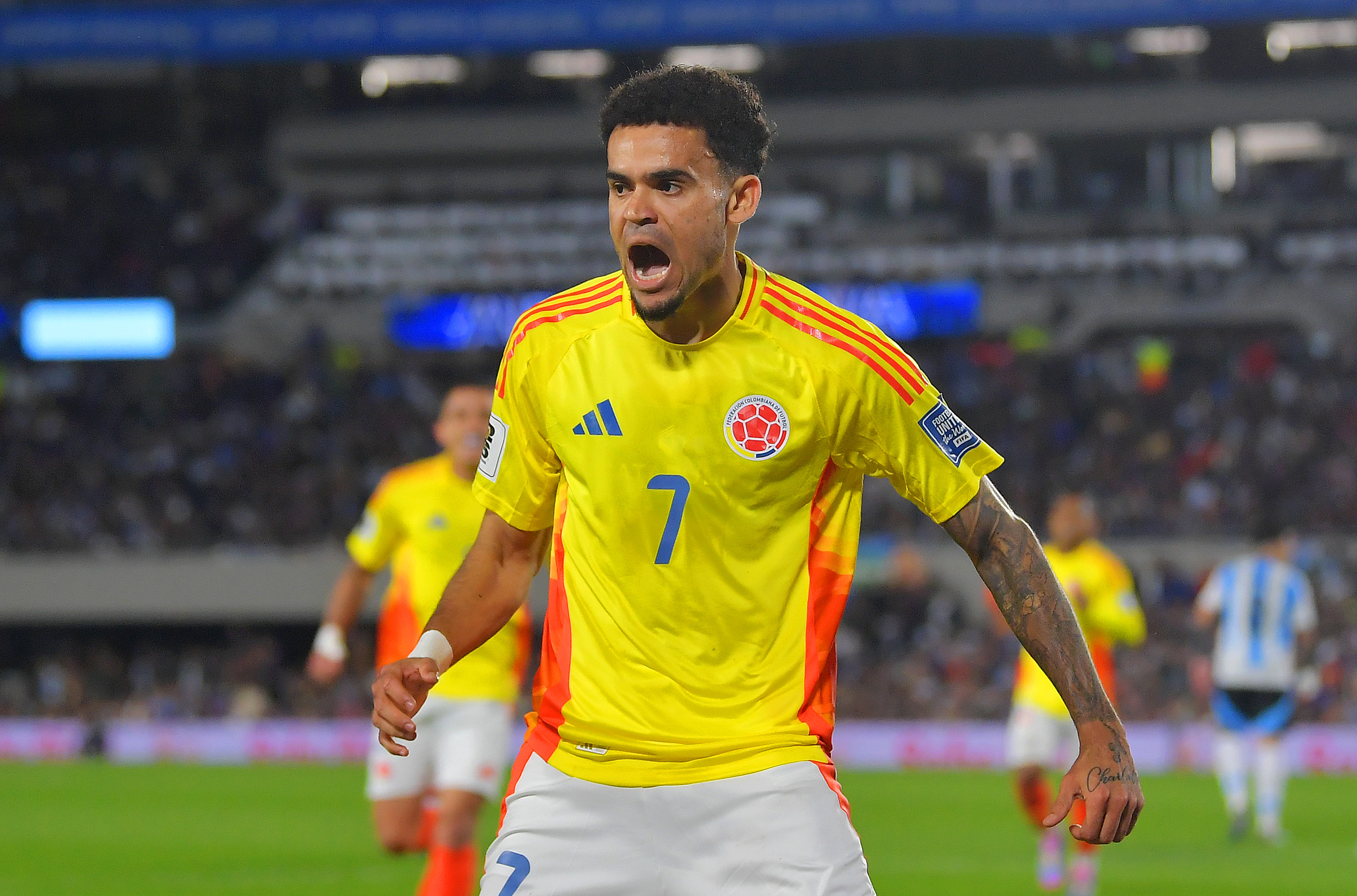 Luis Diaz celebrates scoring for Colombia in their 1-1 draw against Argentina