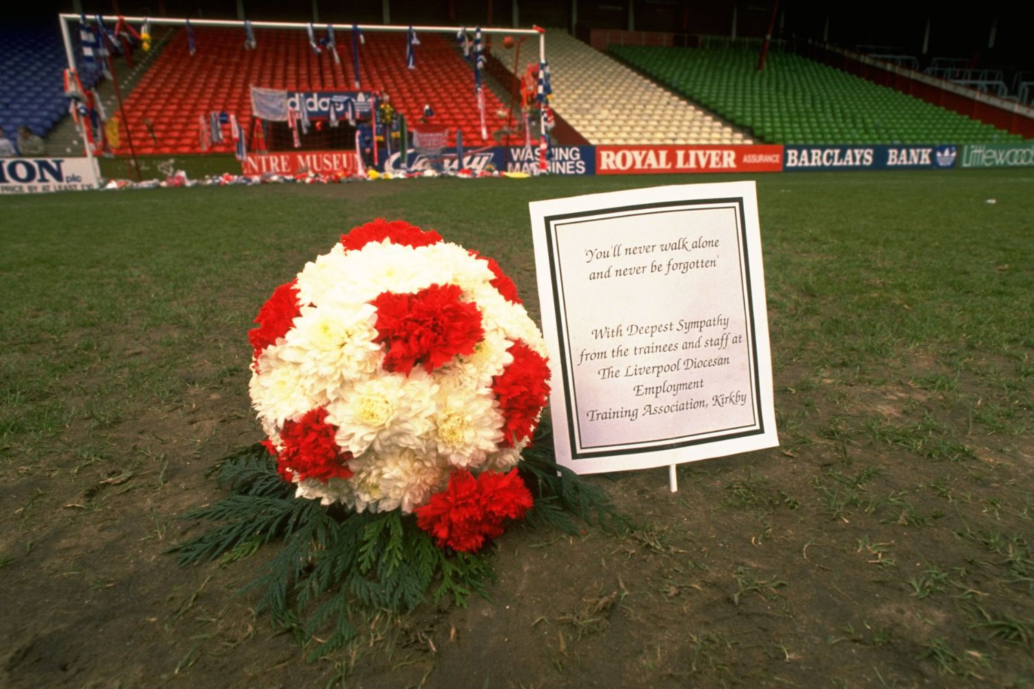 Flowers laid at Anfield after the Hillsborough disaster in 1989