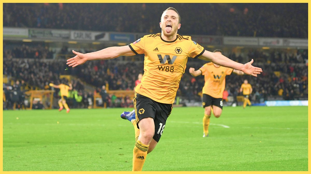 Diogo Jota celebrates scoring for Wolves
