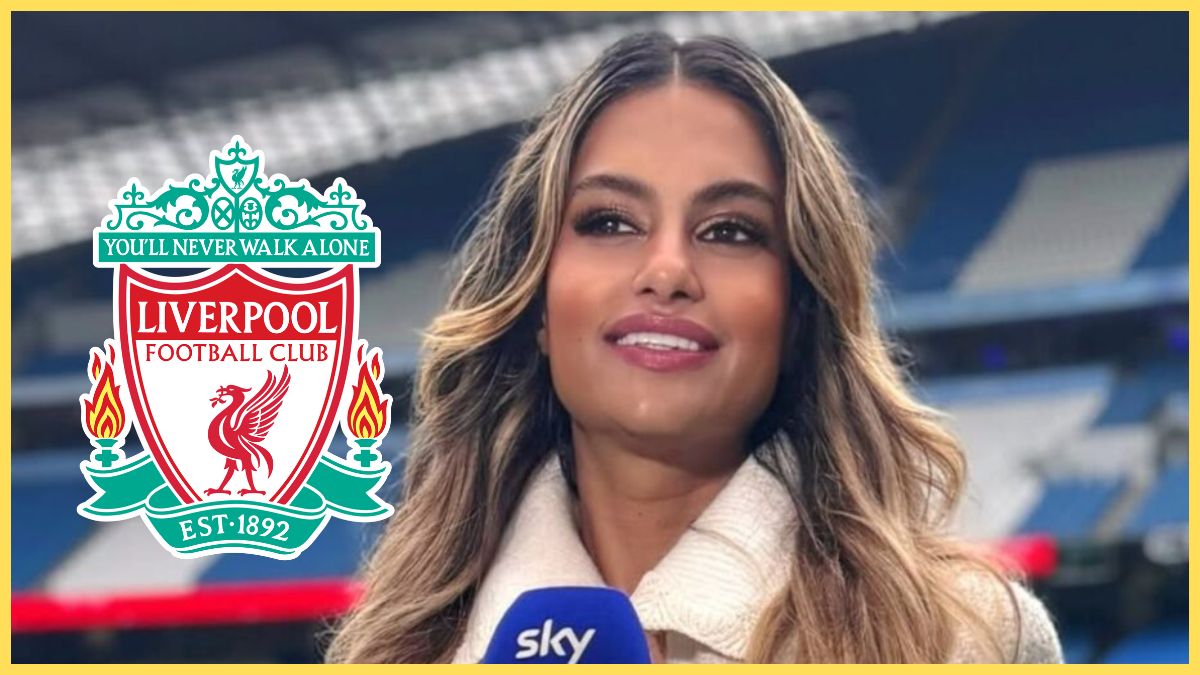 Melissa Reddy smiles next to Liverpool club crest.