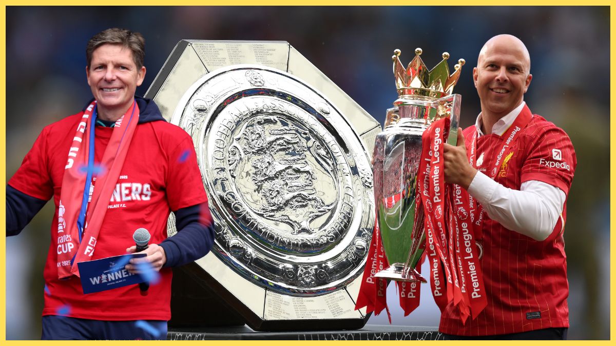 Arne Slot holds Premier League trophy and Oliver Glasner smiles next to Community Shield.