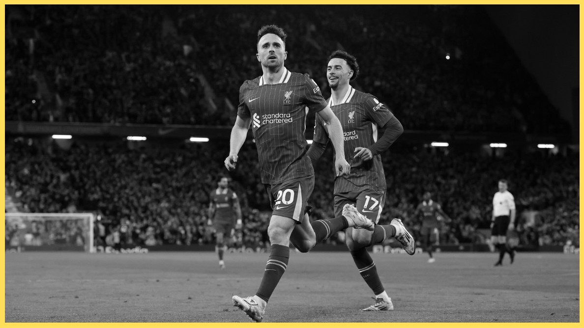 Diogo Jota celebrates scoring against Everton in April - the last of his 65 goals for Liverpool