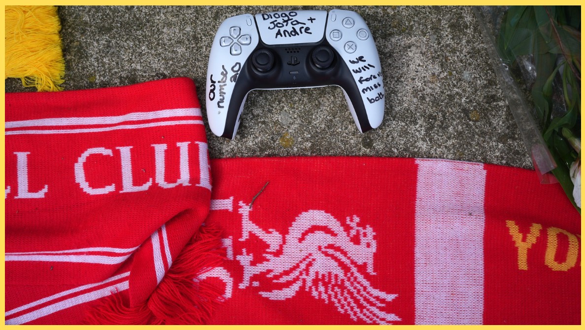 Video controllers were left outside Anfield among the tributes to Diogo Jota
