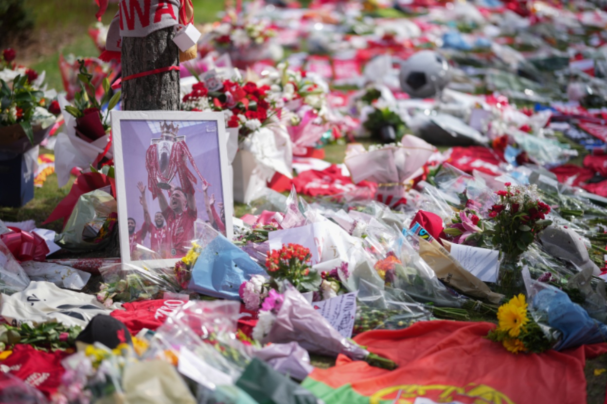 Tributes have been left outside Anfield in memory of Liverpool player Diogo Jota