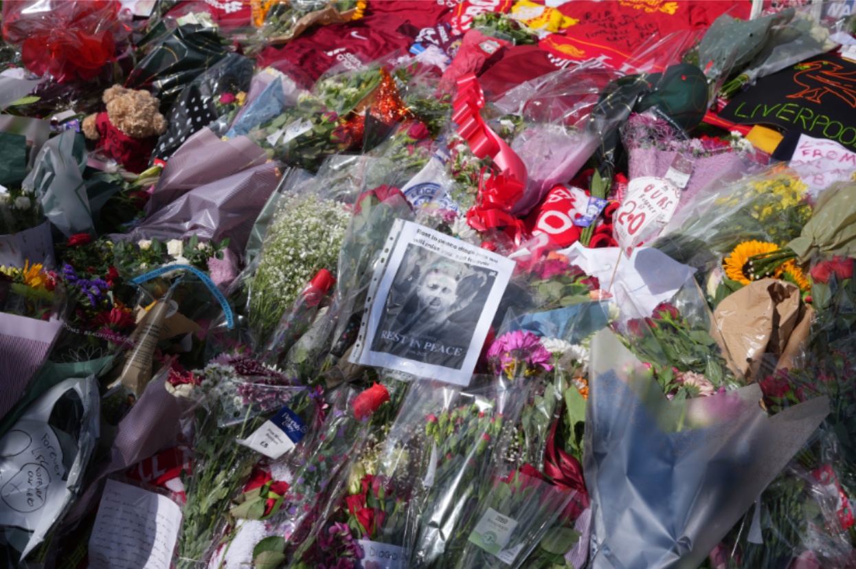 Hundreds of tributes have been left outside Anfield in memory of Diogo Jota and Andre Silva
