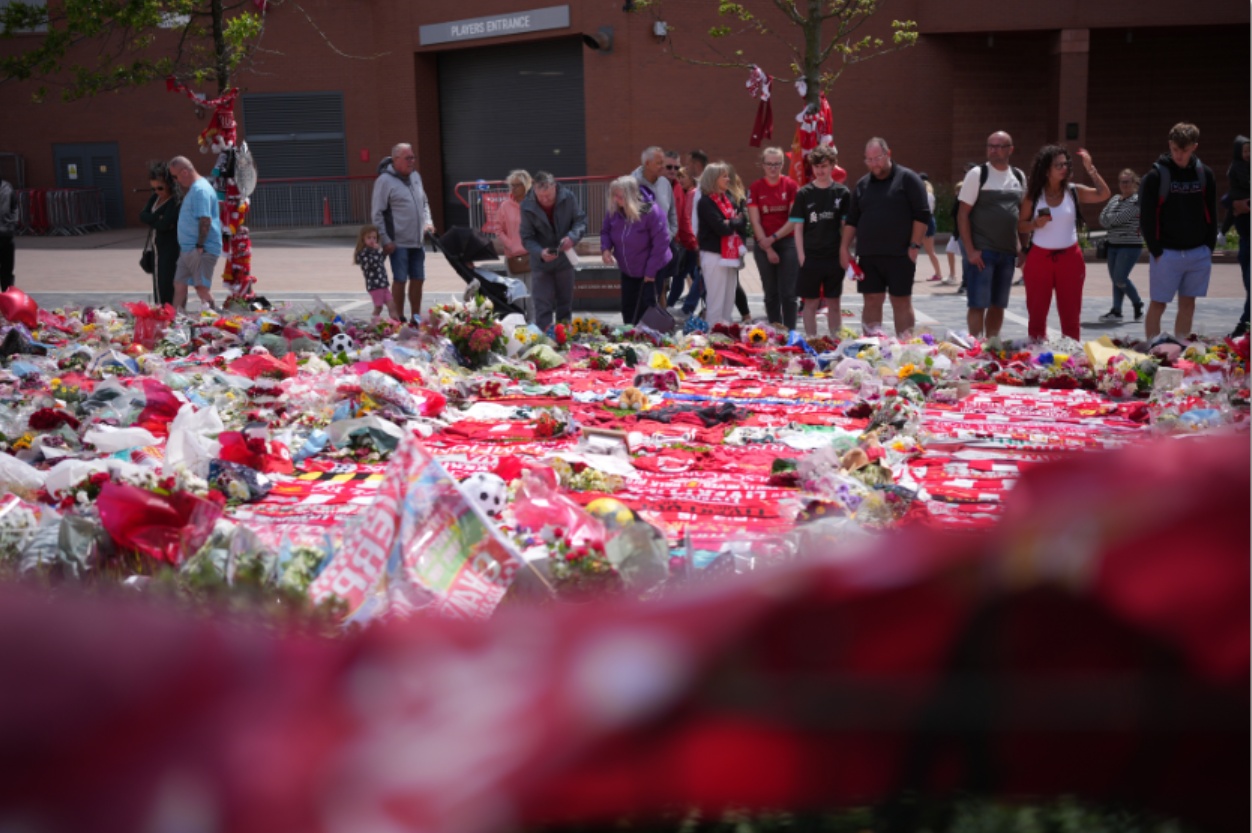 Hundreds of tributes have been left outside Anfield in memory of Diogo Jota and Andre Silva