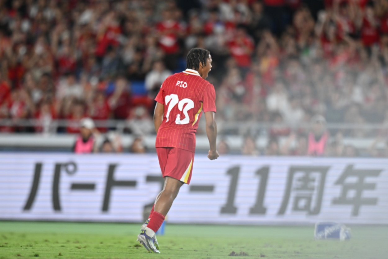 Rio Ngumoha celebrates scoring in Liverpool's win over Yokohama F. Marinos