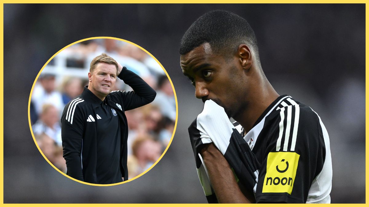 Eddie Howe looks worried as he rubs the back of his head next to Alexander Isak covering his mouth with his shirt.