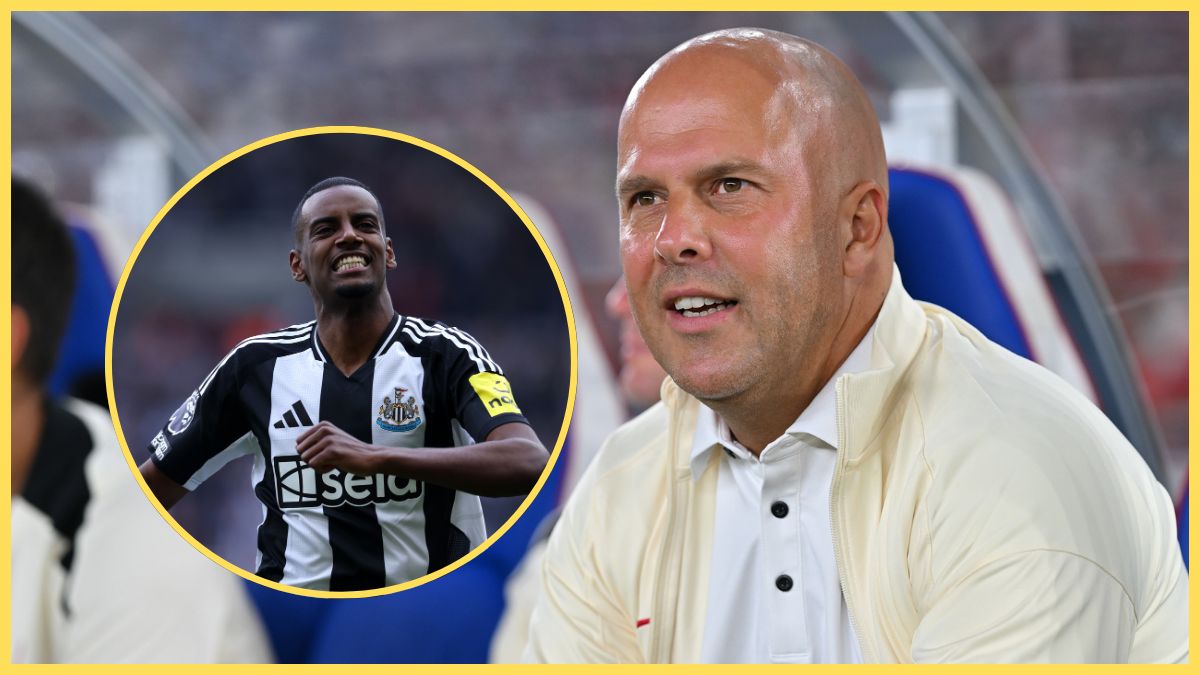 Arne Slot looks on next to a celebrating Alexander Isak.