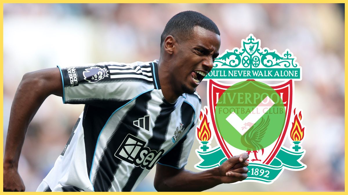 Alexander Isak runs on the pitch next to Liverpool club crest and checkmark.