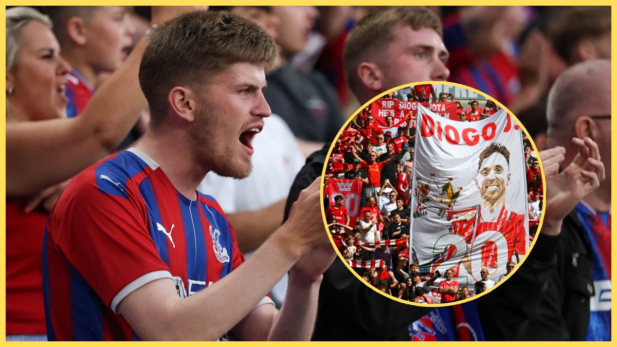 Crystal Palace fans applaud in the stands next to picture of Diogo Jota banner.