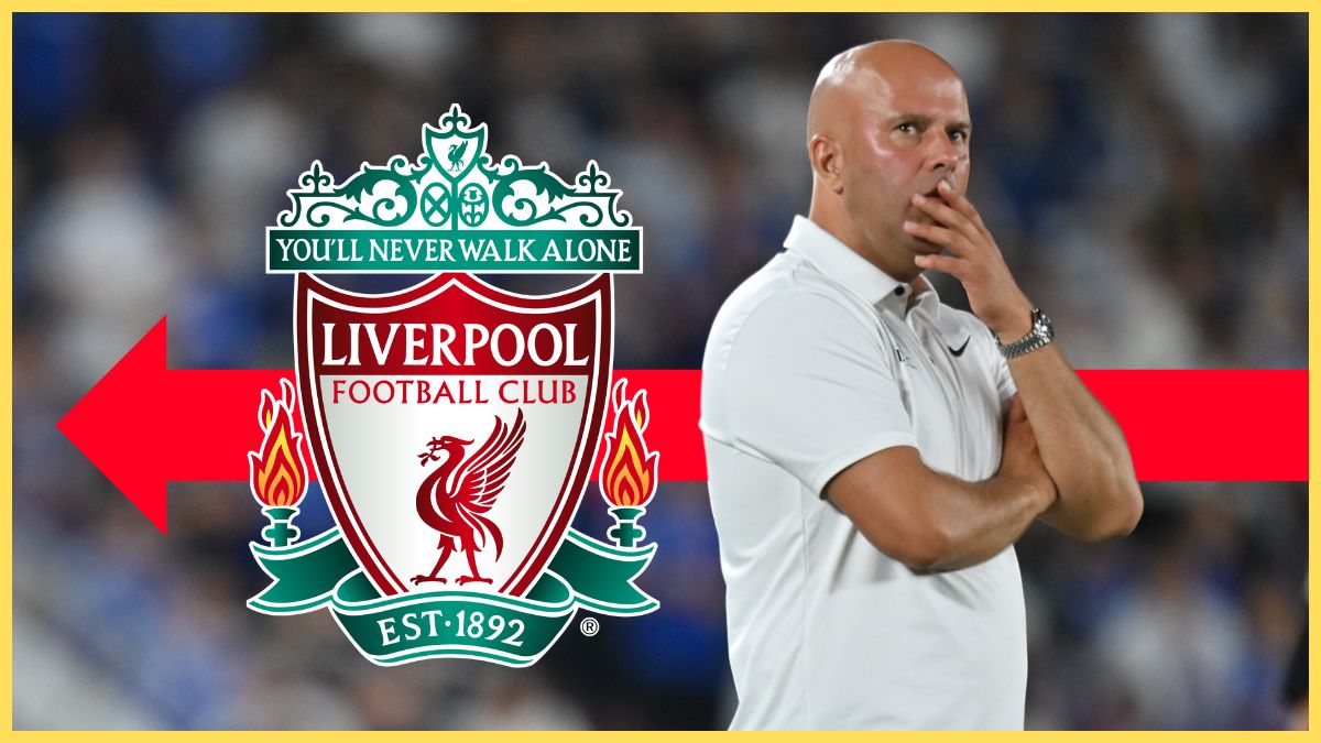 Arne Slot looks concerned and covers his mouth next to Liverpool club crest.
