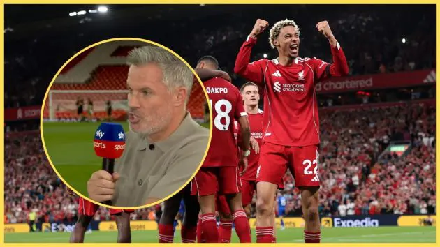 Jamie Carragher speaks into a Sky Sports microphone next to picture of Hugo Ekitike celebrating.