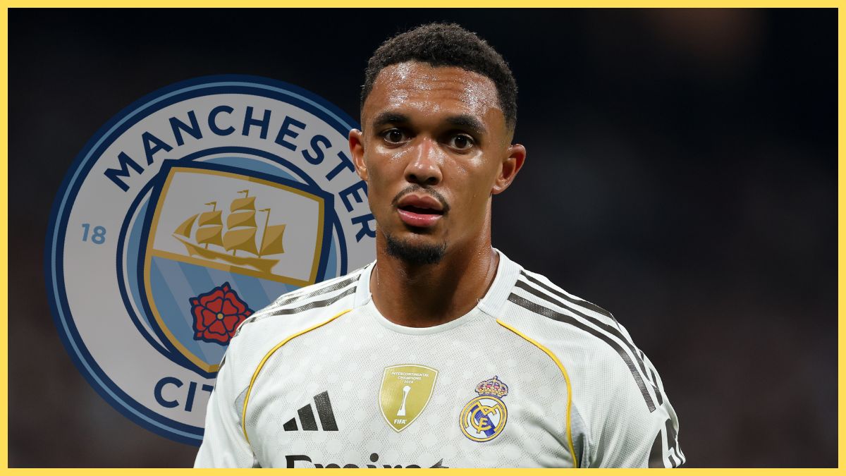 Trent Alexander-Arnold looks on in front of Manchester City club badge.
