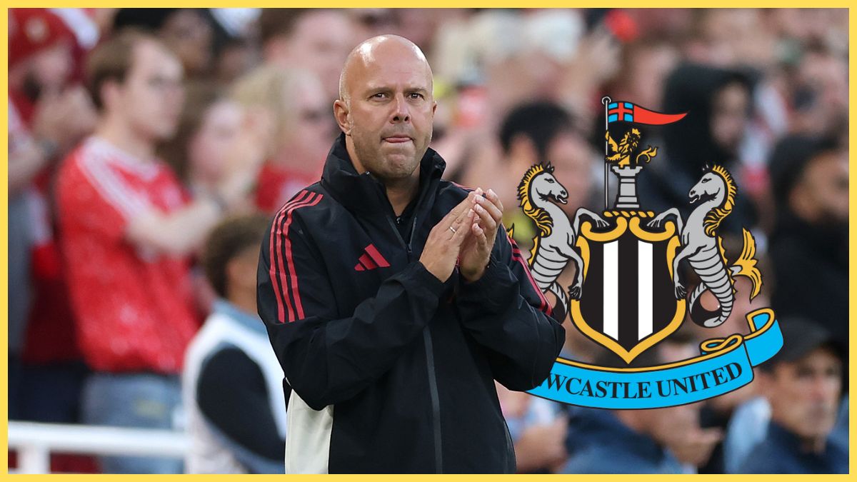 Liverpool head coach Arne Slot claps his hands next to Newcastle club crest.