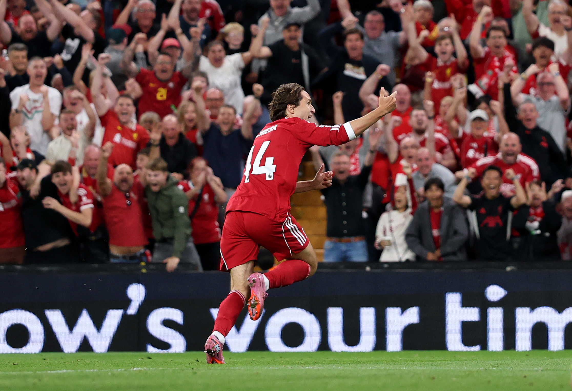 Federico Chiesa celebrates scoring at Anfield
