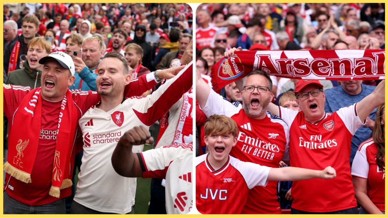 Liverpool and Arsenal fans briefly put rivalry aside in humorous moment before kick-off at Anfield