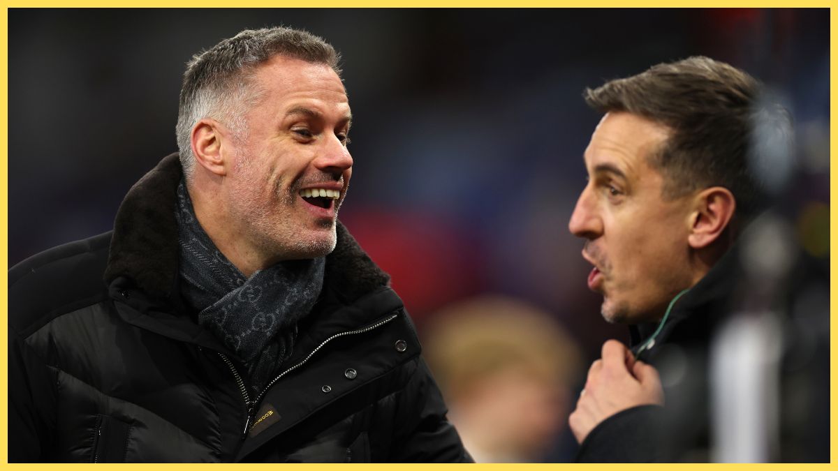 Jamie Carragher and Gary Neville laughing