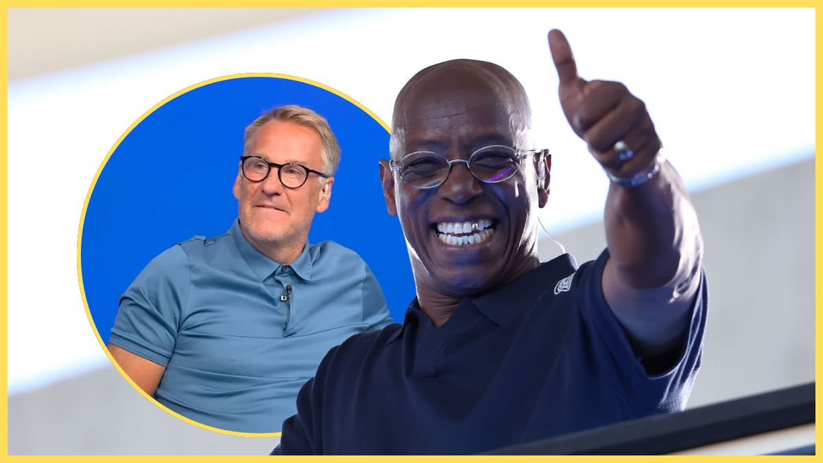 Ian Wright smiles and holds a thumbs-up next to a picture of Paul Merson.
