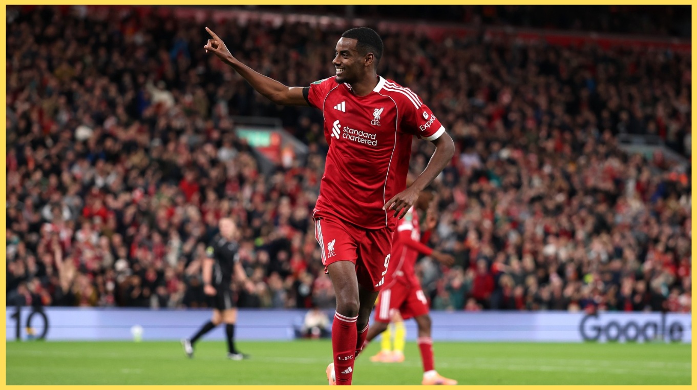 Alexander Isak celebrates scoring his first goal for Liverpool
