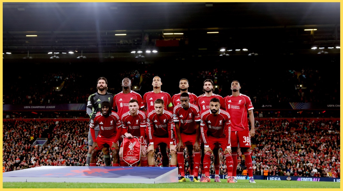 Liverpool players assemble for a photo ahead of their game against Atletico Madrid