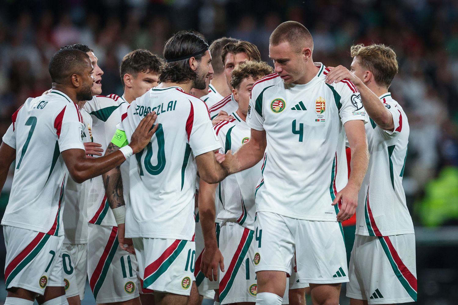 Dominik Szoboszlai celebrates with Hungarian teammates