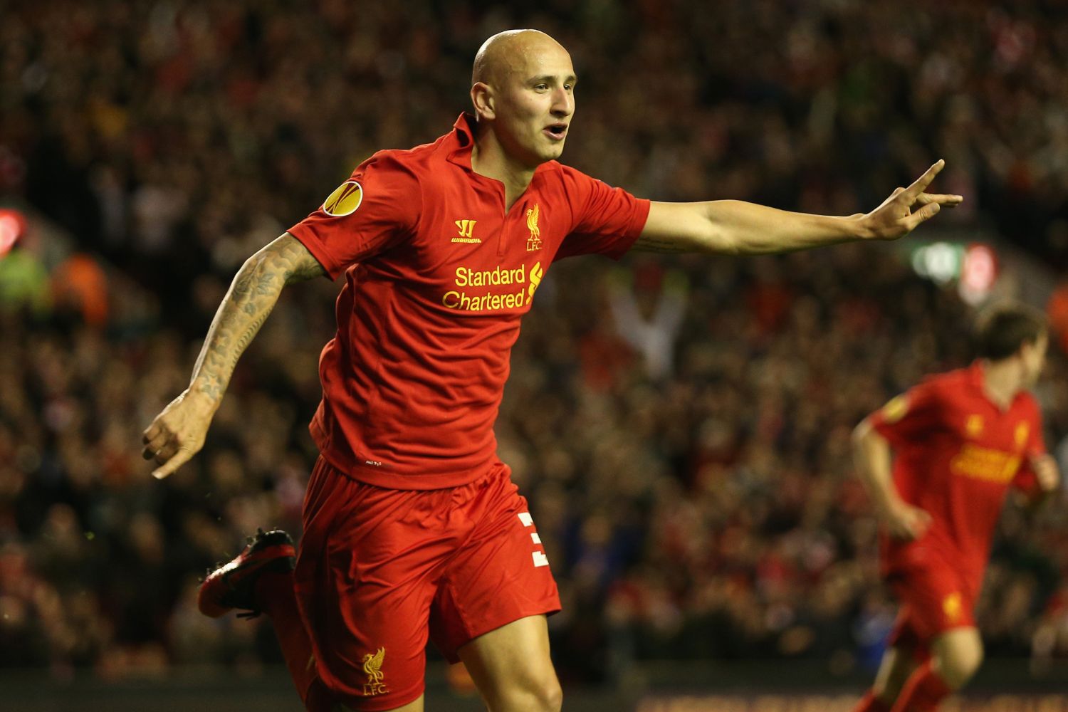 Jonjo Shelvey celebrates for Liverpool in 2012