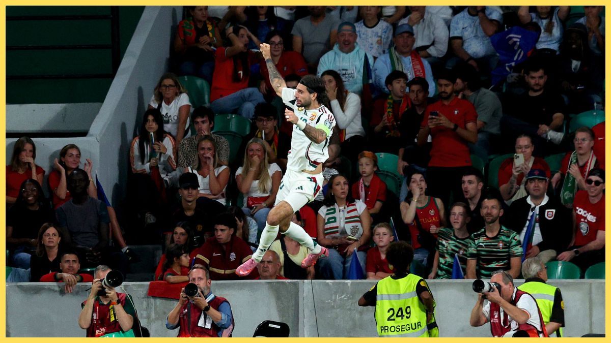 Dominik Szoboszlai celebrates scoring for Hungary