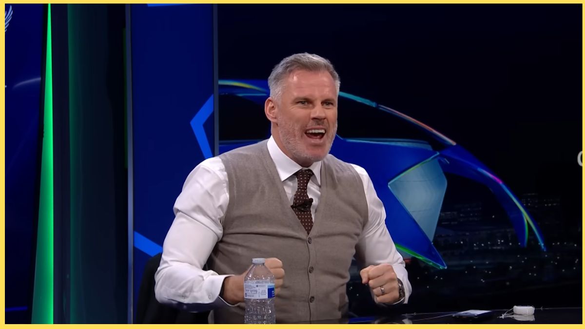 Jamie Carragher celebrates Liverpool beating Eintracht Frankfurt
