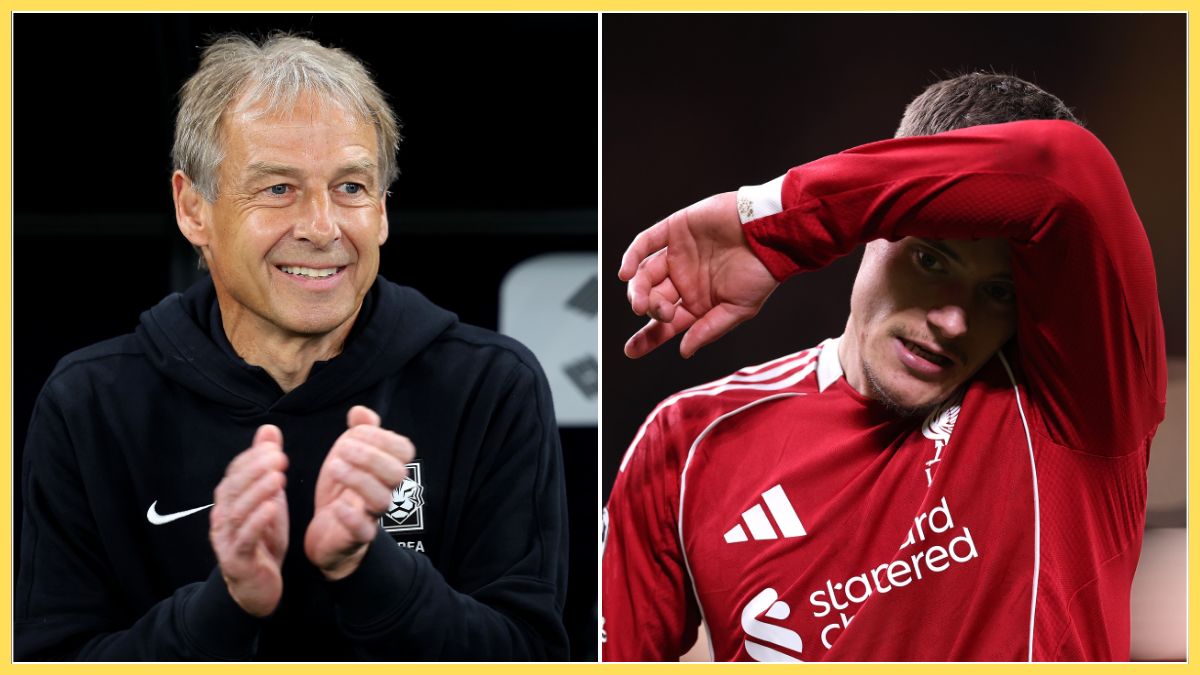 Jurgen Klinsmann claps his hands as Florian Wirtz wipes his forehead.