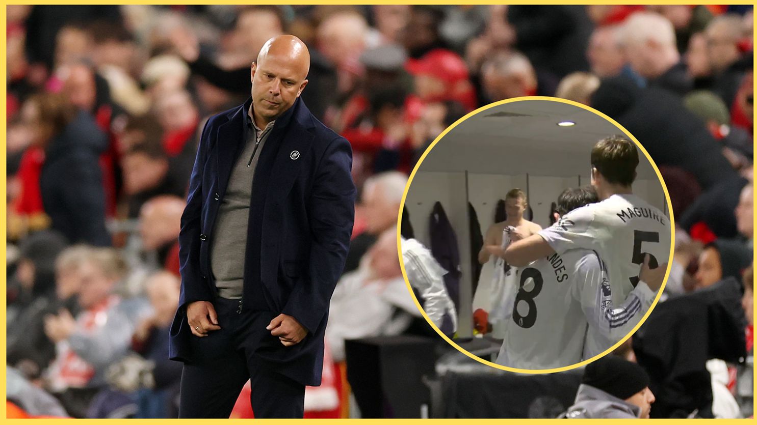 Arne Slot looks forlorn next to picture of Harry Maguire celebrating at Anfield.
