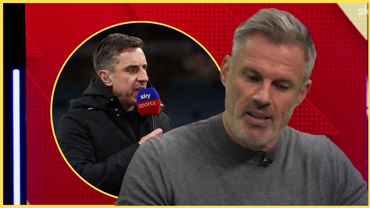 Jamie Carragher looks down in front of a picture of Gary Neville holding a microphone.