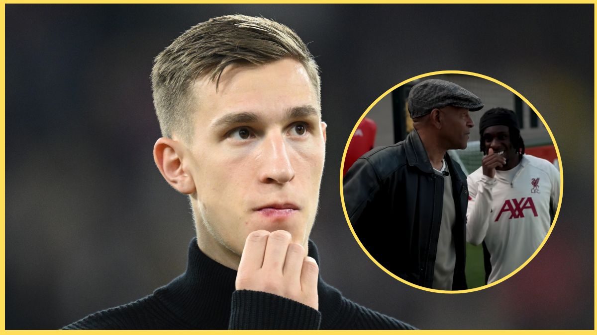 Nico Schlotterbeck scratches his chin next to picture of Howard Gayle speaking to Jeremie Frimpong.