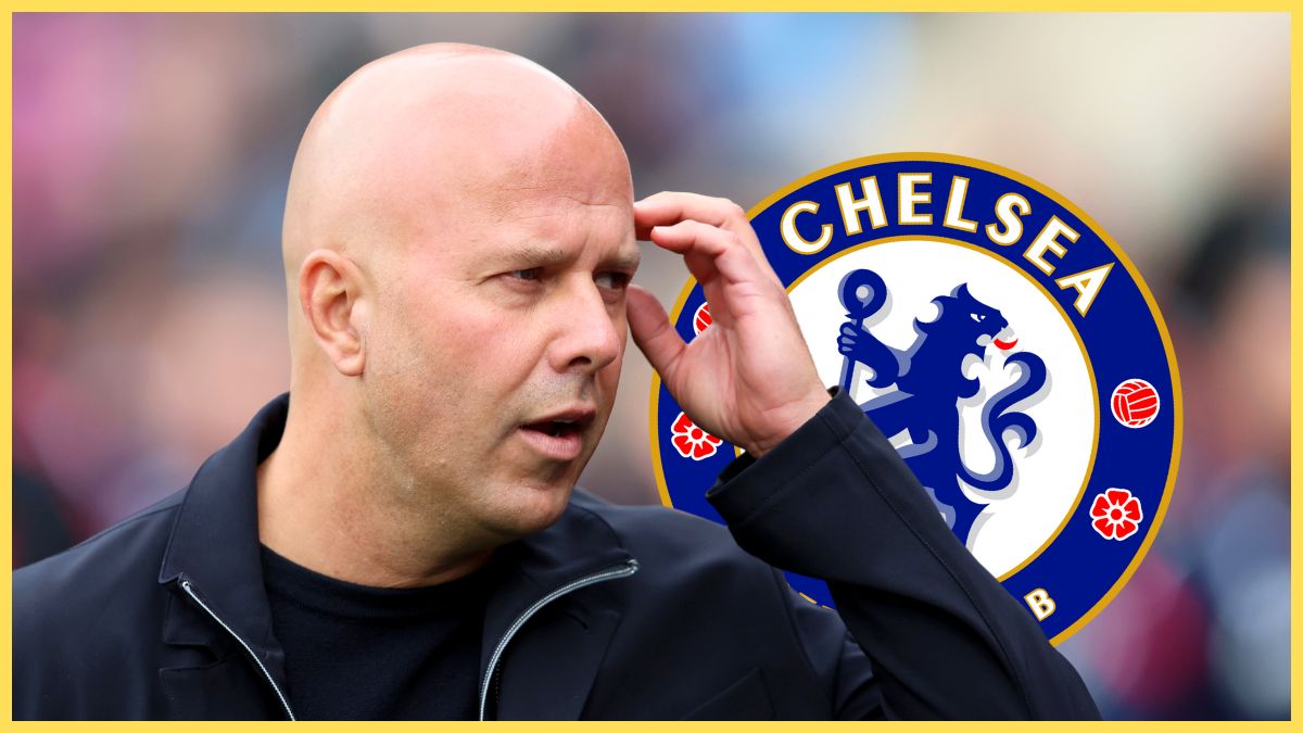 Arne Slot scratches his head in front of Chelsea club crest.