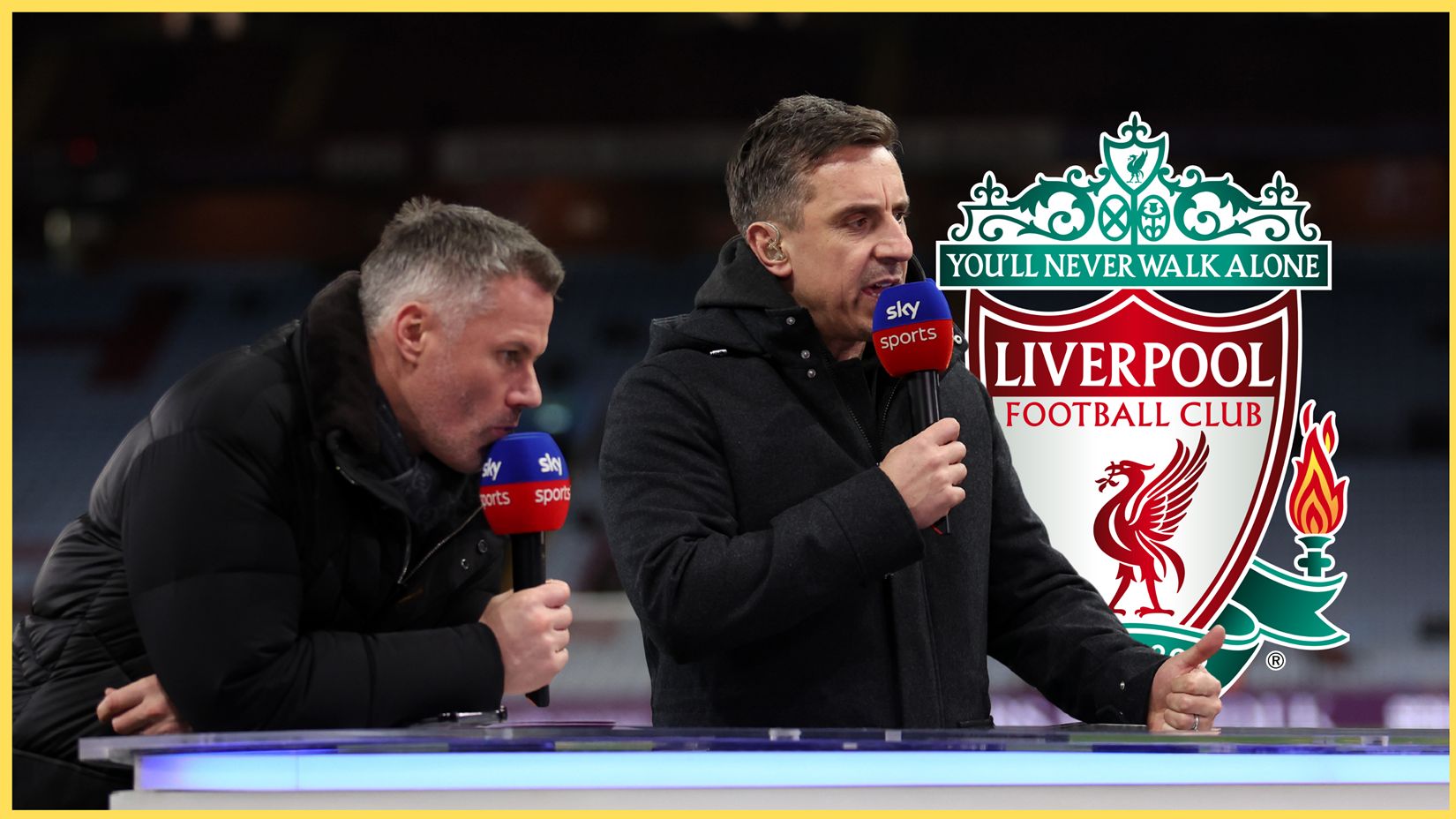 Jamie Carragher and Gary Neville speak into Sky Sports microphones next to Liverpool club crest.